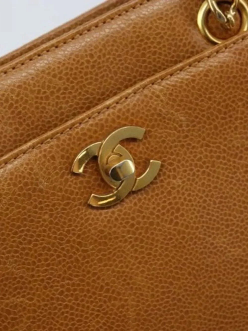 CHANEL Chain Tote Bag Grained Calf Skin Gold Brown CC Auth gh1738